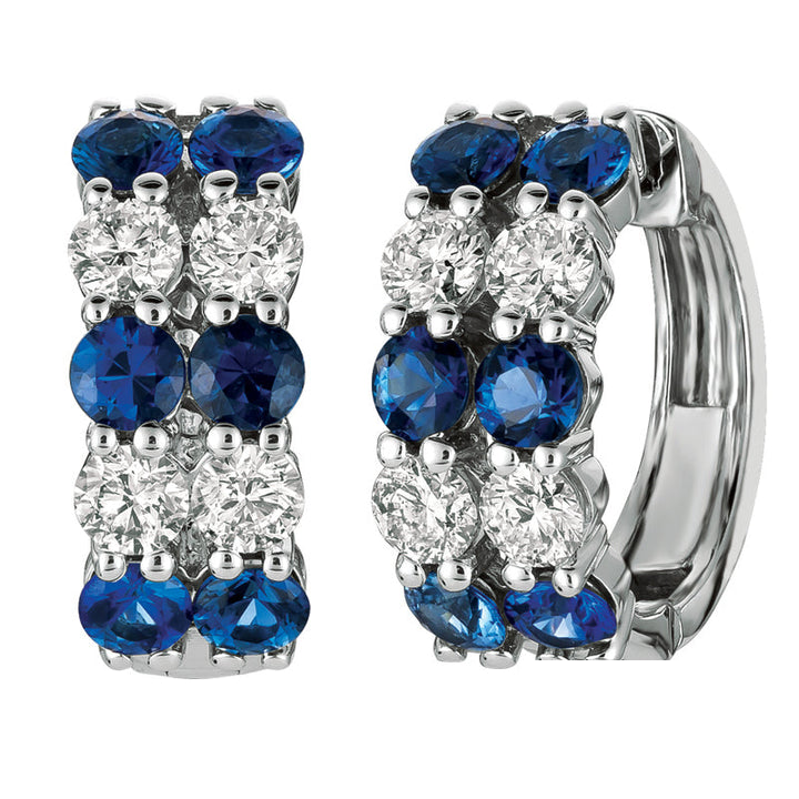 Sapphire & Diamond 2 Rows Hoop Earrings 14K White Gold (2.6 Ctw)
