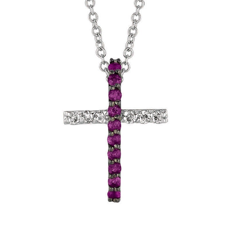 Rose Sapphire & Diamond Cross Necklace 14K White Gold (0.24 Ctw)