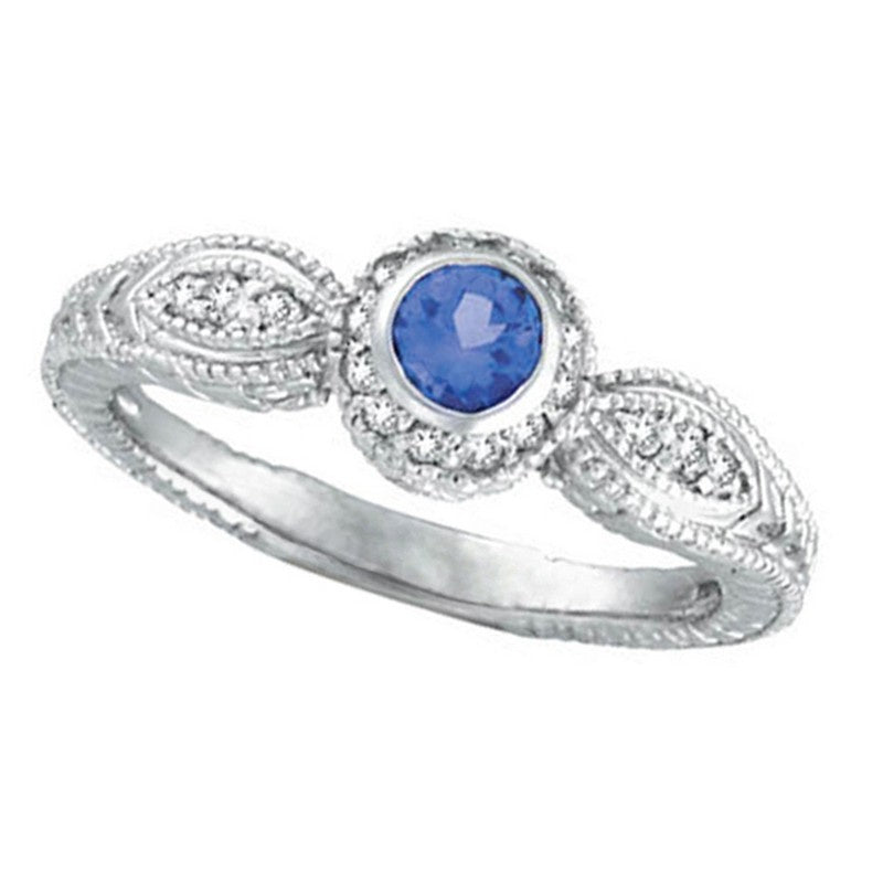 Sapphire Bezel Ring With Diamond 14K White  Gold (0.44 Ctw)