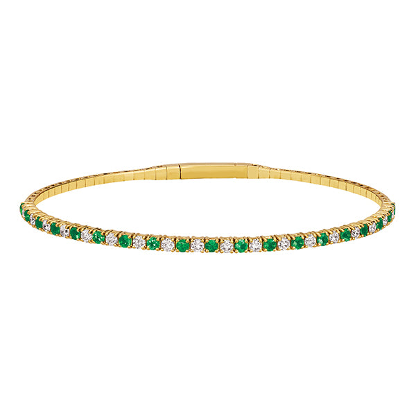 Natural Emerald & Diamond Flexible Bangle Bracelet 14k Yellow Gold