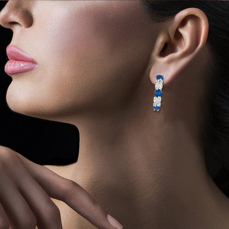 2.00 Carat Natural Sapphire & Diamond Hoop Earrings G SI 14K White Gold