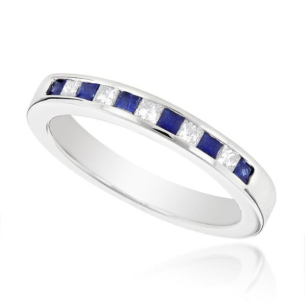 0.55 Carat Natural Diamond & Sapphire Ring Band 14K White Gold