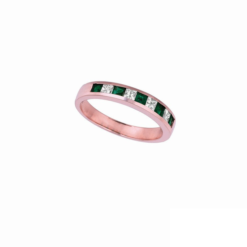 Emerald And Diamond Princess Cut Band Ring 14K White  Gold (0.58 Ctw)