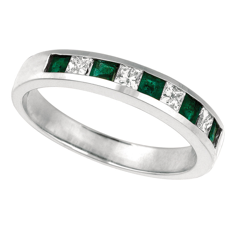 Emerald And Diamond Princess Cut Band Ring 14K White  Gold (0.58 Ctw)