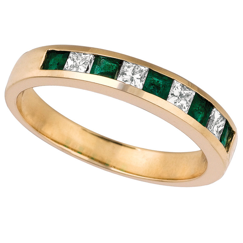 Emerald And Diamond Princess Cut Band Ring 14K Yellow Gold (0.58 Ctw)