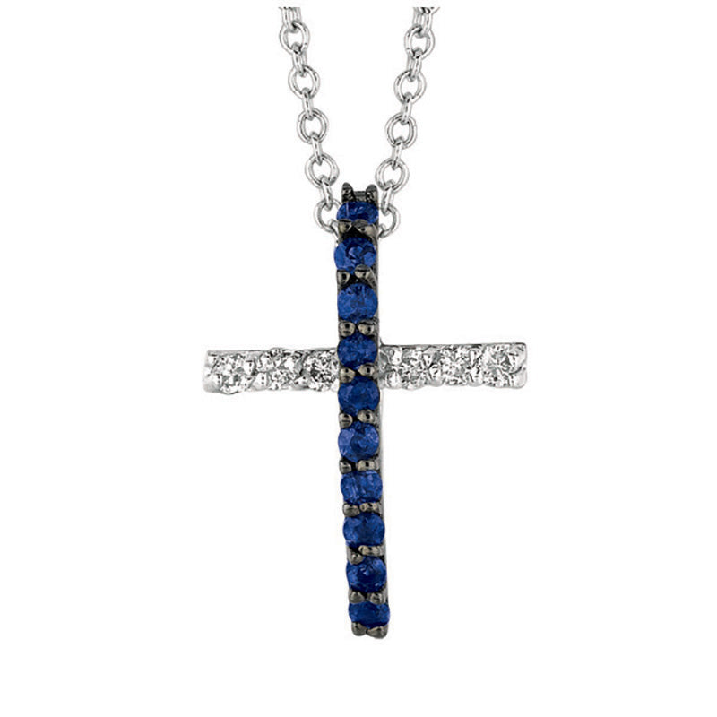 Sapphire & Diamond Cross Necklace 14K White Gold (0.25 Ctw)