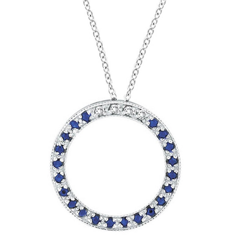 Diamond & Sapphire Circle Necklace 14K White  Gold (0.25 Ctw)