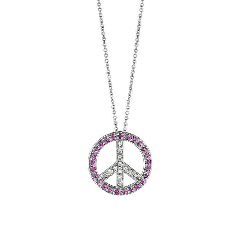 Rose Sapphire & Diamond Peace Sign Pendant Necklace 14K White  Gold (0.51 Ctw)