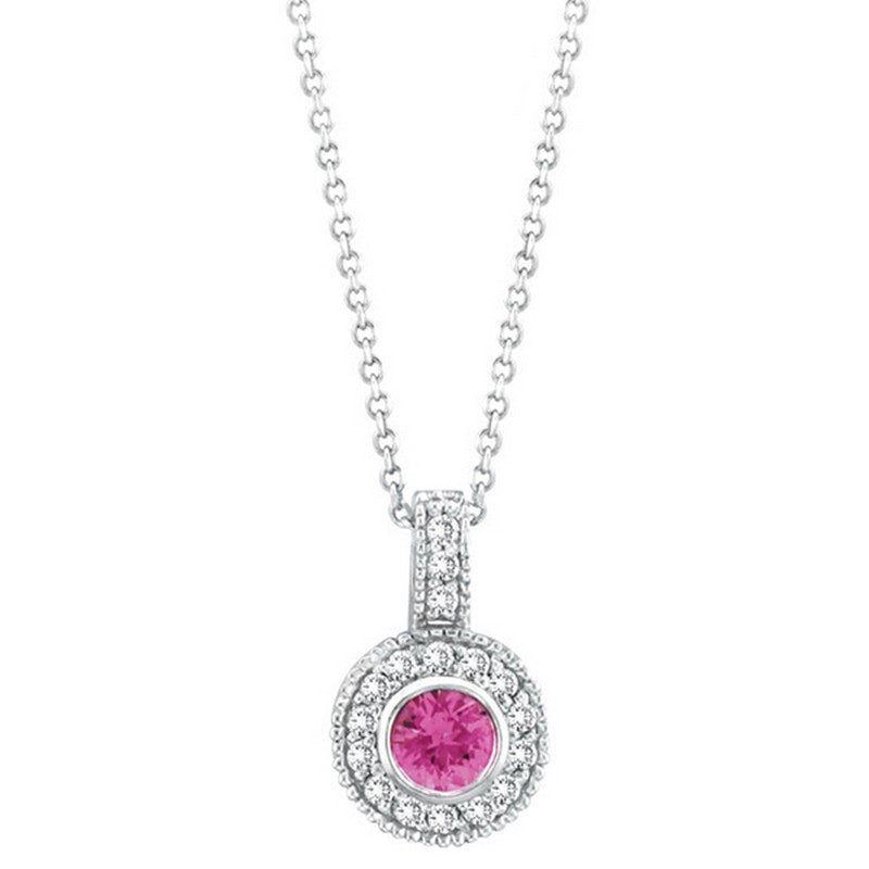 Rose Sapphire Bezel Diamond Pendant Necklace 14K White  Gold (0.62 Ctw)