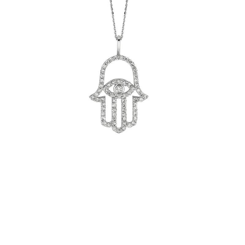 0.50 Carat Natural Diamond Hamsa Necklace 14K White Gold G SI 18'' chain