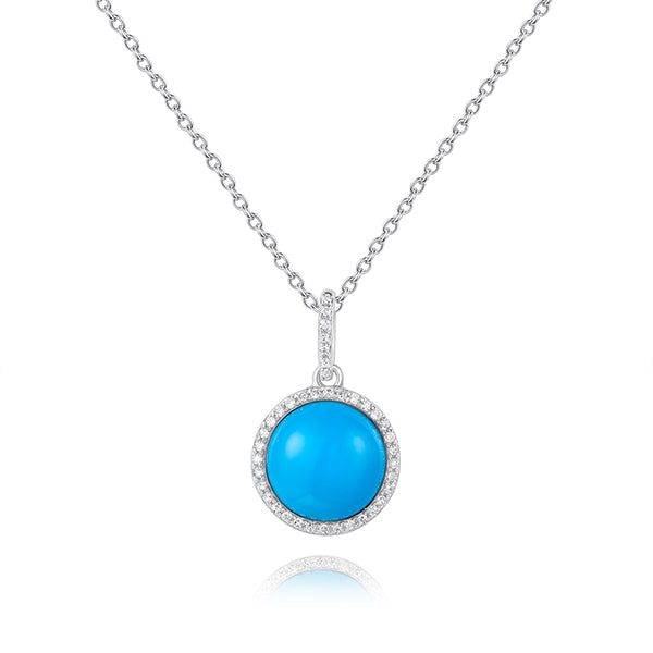 2.05 Carat Natural Turquoise and Diamond Necklace Pendant 14K White Gold