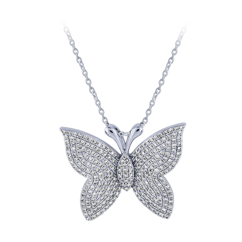 1.00 Carat Natural Diamond Butterfly Necklace 14K White Gold G SI 18''