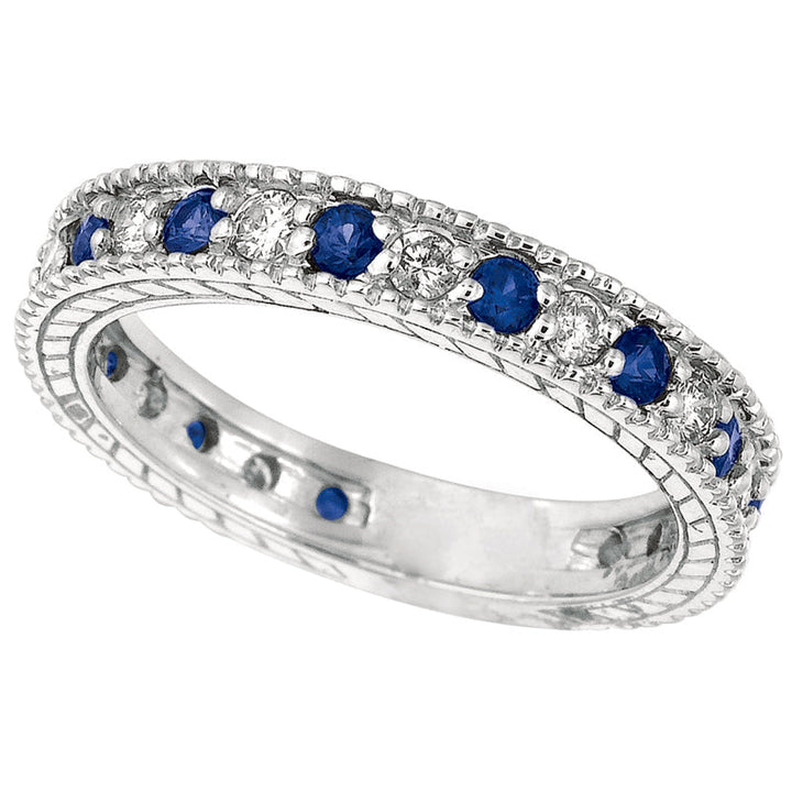 Diamond And Sapphire Ring Band 14K White  Gold (1.08 Ctw)