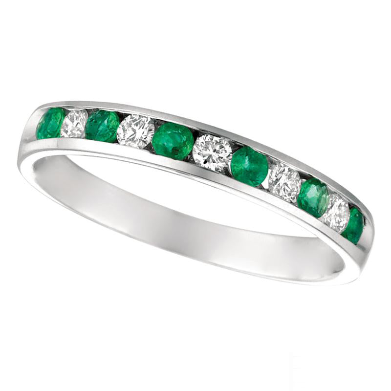 0.55 Carat Natural Diamond & Emerald Ring Band 14K White Gold