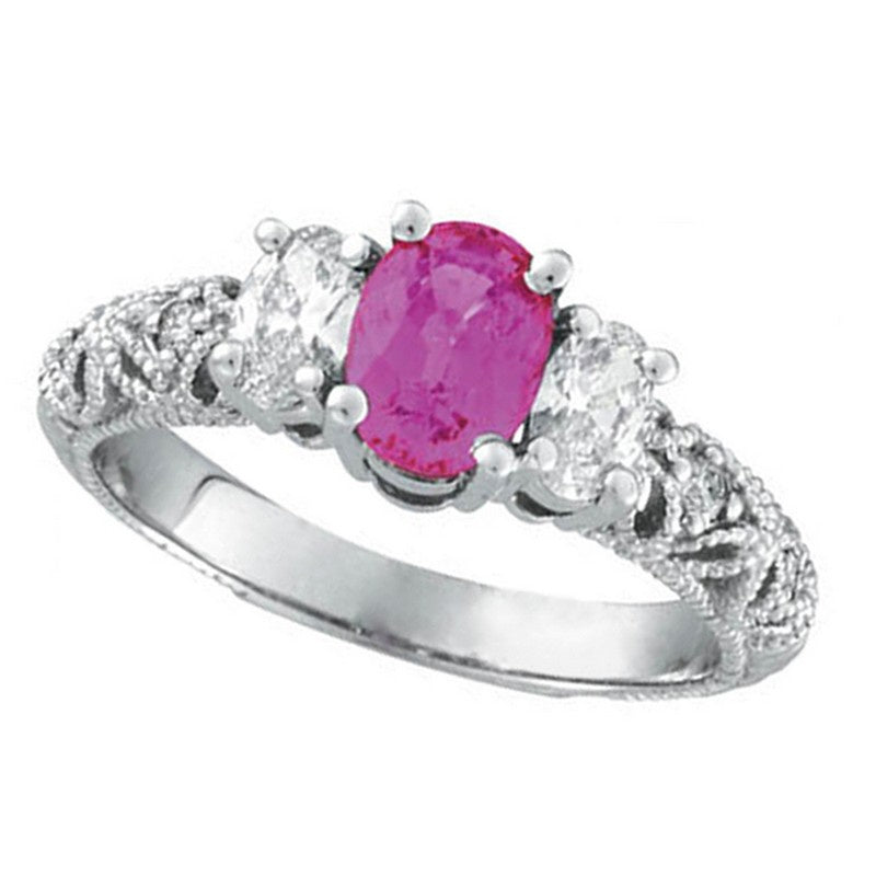 Rose Sapphire Three Stone Diamond Engagement Ring 14K White  Gold (1.65 Ctw)