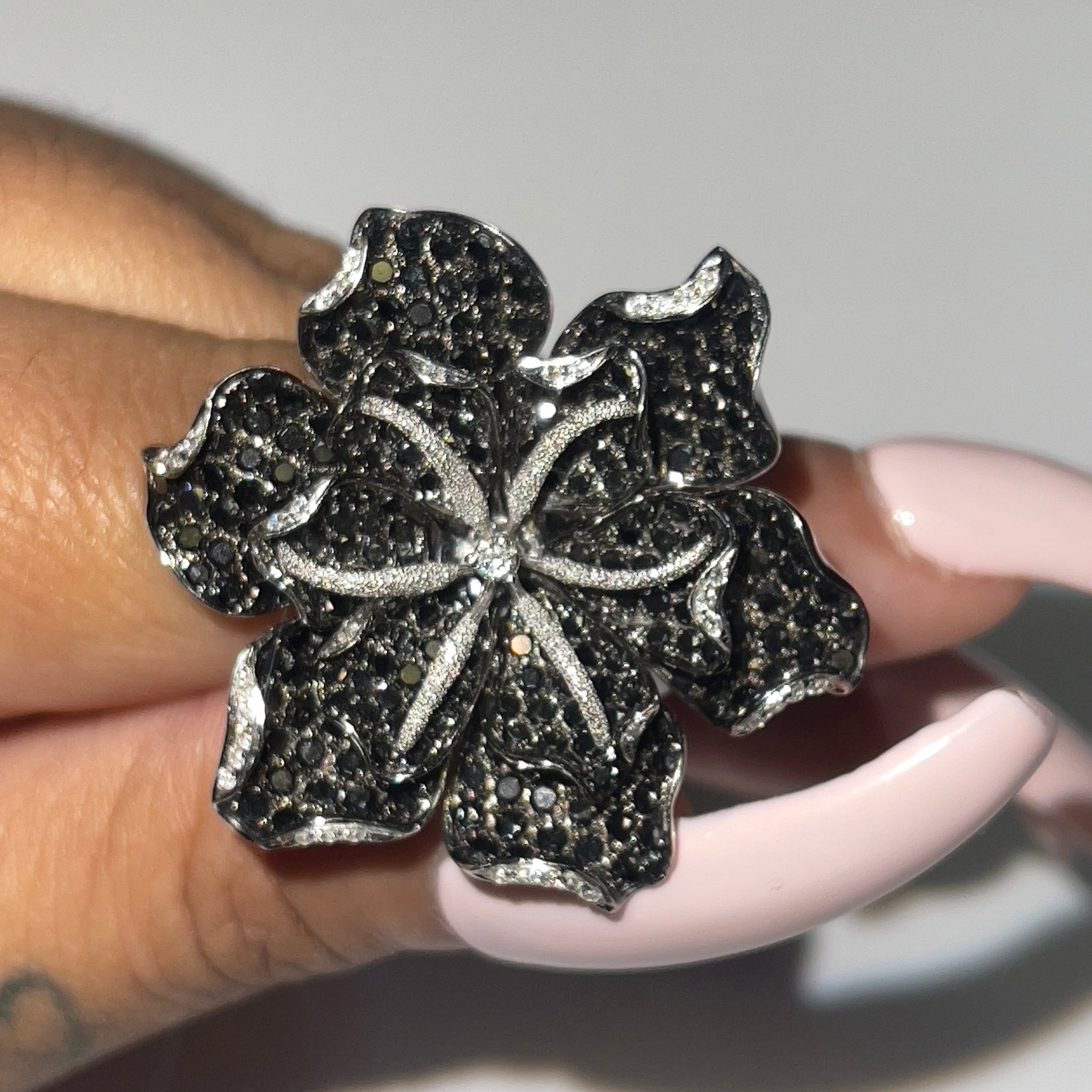 5.45 Carat Natural White and Black Flower Diamond Ring / Pin 14K White Gold