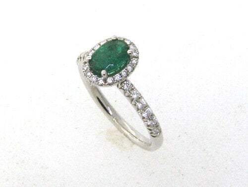 1.30 Carat Natural Emerald & Diamond Ring 18K White Gold