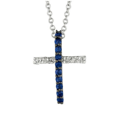 0.25 Carat Sapphire and Diamond Cross Necklace 14K White Gold 18''