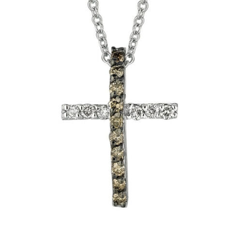 0.25 Carat Champagne and White Diamond Cross Necklace 14K White Gold 18''
