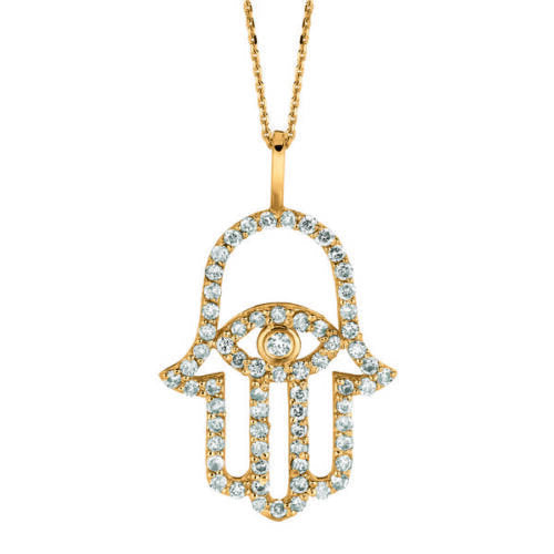 0.50 Carat Natural Diamond Hamsa Necklace 14K Yellow Gold G SI 18'' chain