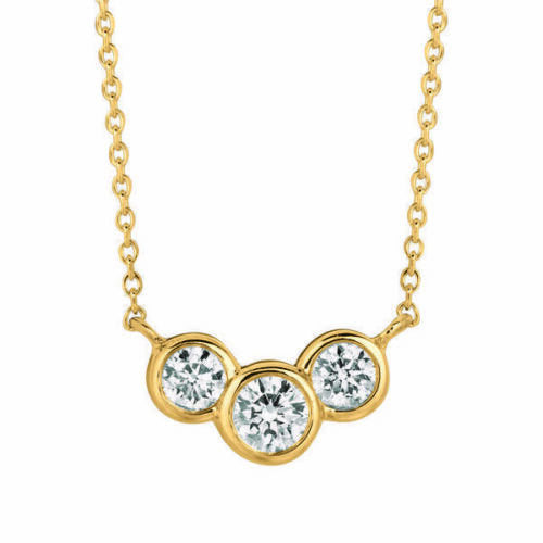 0.75 Carat Natural 3 Stone Diamond Bezel Necklace 14K Yellow Gold G SI