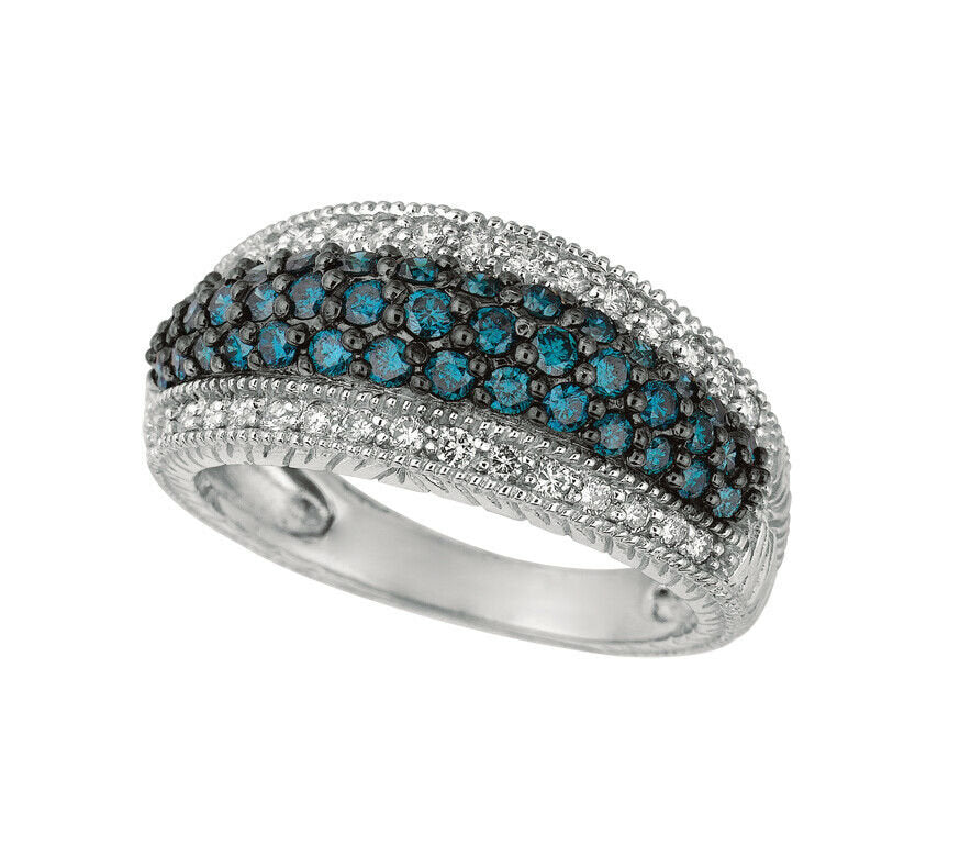1.00 Carat Blue and White Diamond Pave Ring G SI 14K White Gold