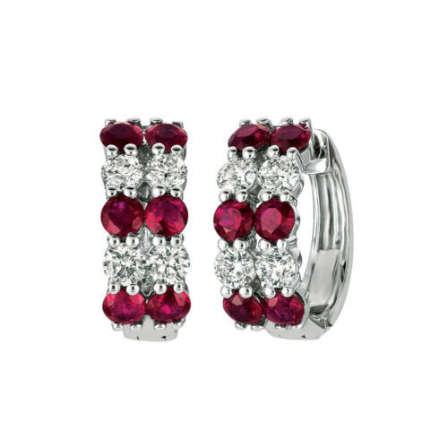 2.60 Carat Natural 2 Rows Diamond and Ruby Hoop Earrings G SI 14K White Gold