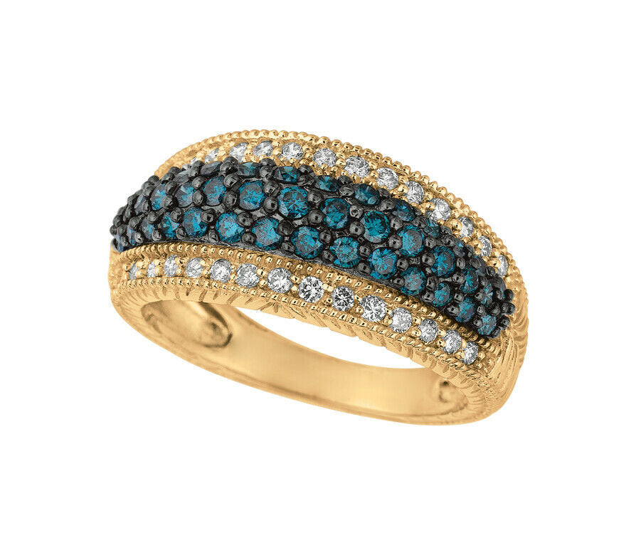 1.00 Carat Blue and White Diamond Pave Ring G SI 14K Yellow Gold