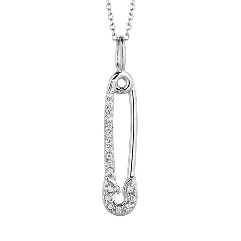 0.10 Carat Natural Diamond Safety Pin Necklace 14K White Gold G SI 18'' chain