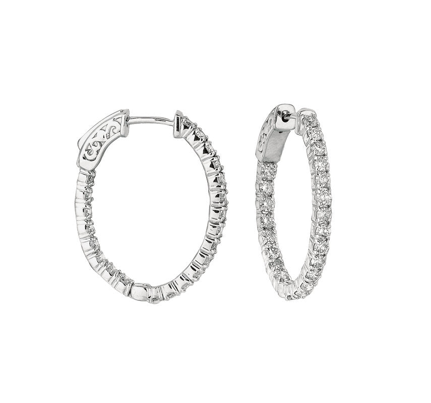 1.00 Carat Natural Diamond Oval Hoop Earrings G SI in 14K White Gold 1.20''