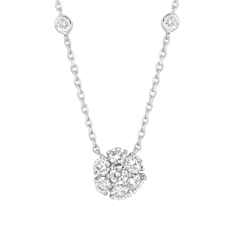 0.75 Carat Natural Diamond Flower & Bezel Pendant 14K White Gold G SI 18'' chain