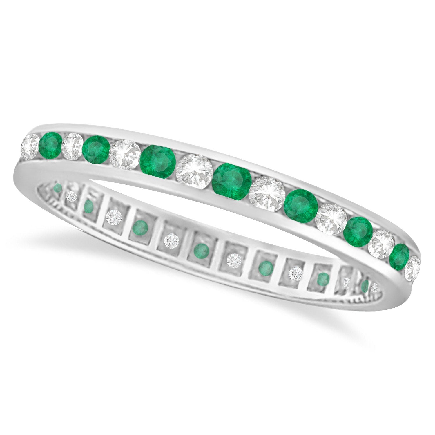 1.05 Carat Natural Diamond & Emerald Eternity Channel Ring Band 14K White Gold