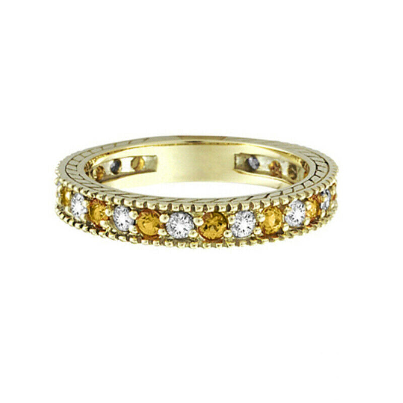 0.90 Carat Natural Diamond & Yellow Sapphire Ring Band 14K White Gold