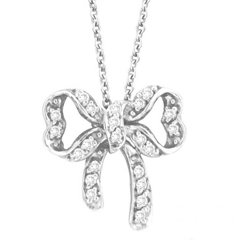 0.26 Carat Natural Diamond Bow Necklace Pendant 14K White Gold