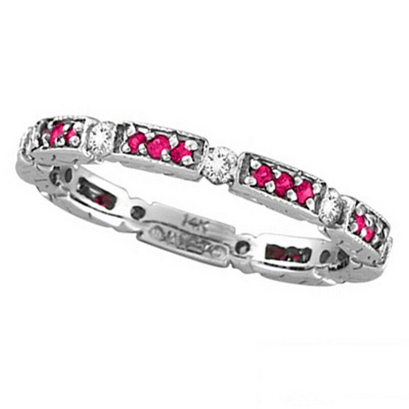 0.52 Carat Natural Diamond and Pink Sapphire Eternity Ring Band G SI 14K White Gold