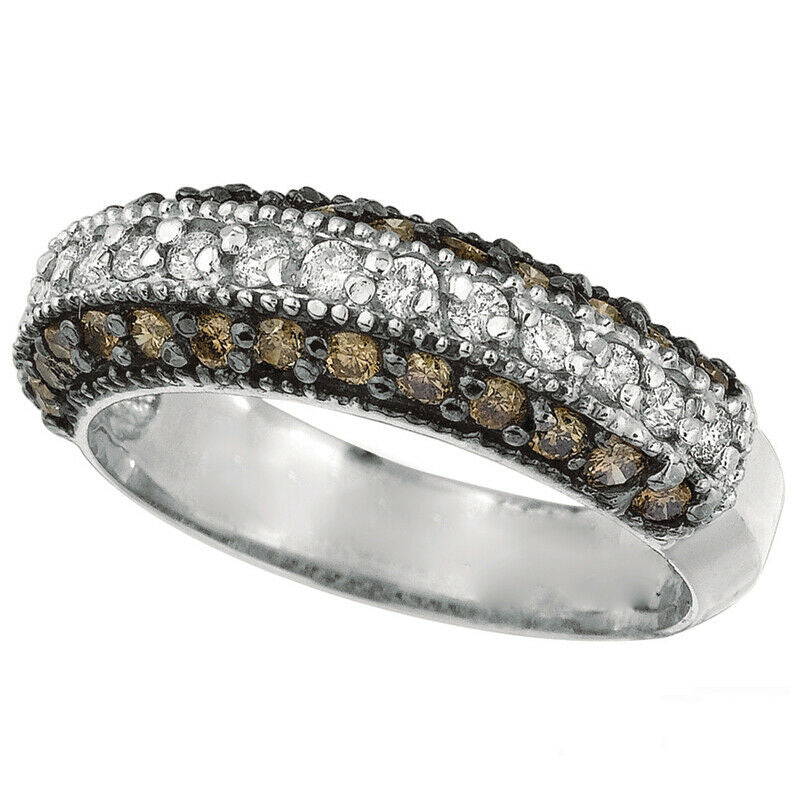 0.84 Carat White & Champagne Diamond Fashion Ring Band 14K White Gold