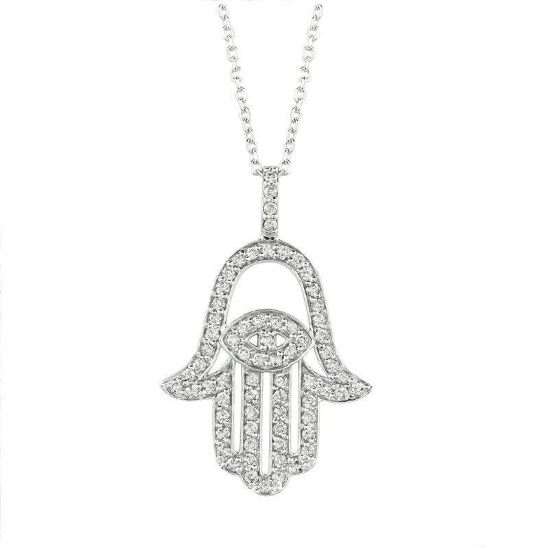 0.88 Carat Natural Diamond Hamsa Necklace 14K White Gold G SI 18'' chain