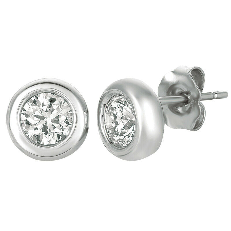 1.00 CT Natural Diamond Bezel Earrings G-H SI set in 14K White Gold