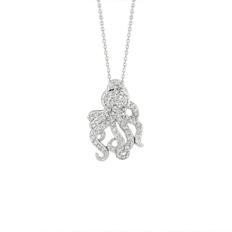 0.61 Carat Natural Diamond Octopus Necklace 14K White Gold G SI 18'' chain