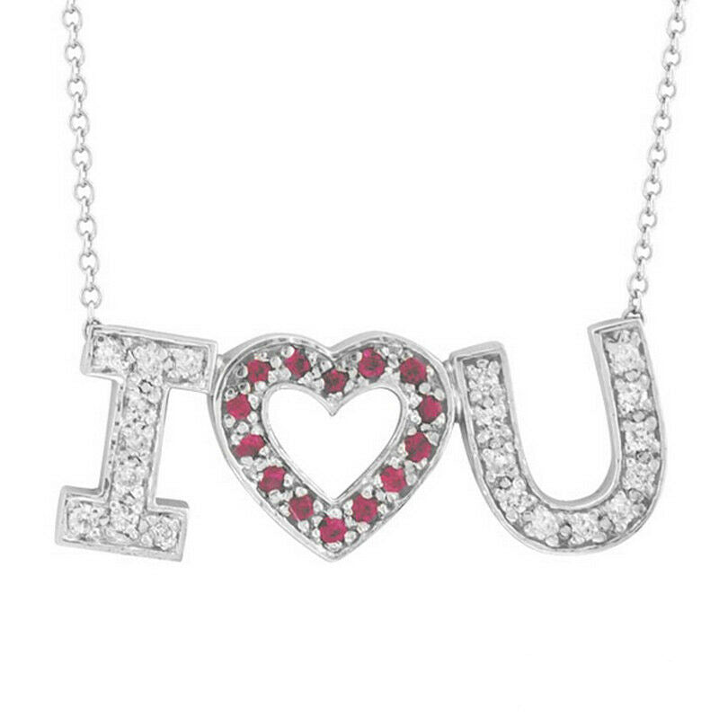 0.50 Carat Natural Diamond & Pink Sapphire I Love You Necklace 14K White Gold