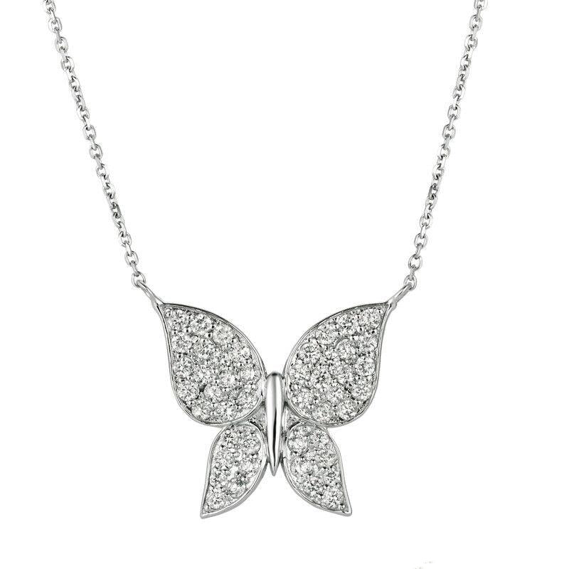1.08 Carat Natural Diamond Butterfly Necklace 14K White Gold G SI 18''