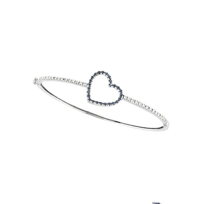1.00 Carat Natural Sapphire and Diamond Heart Bangle Bracelet 14K White Gold