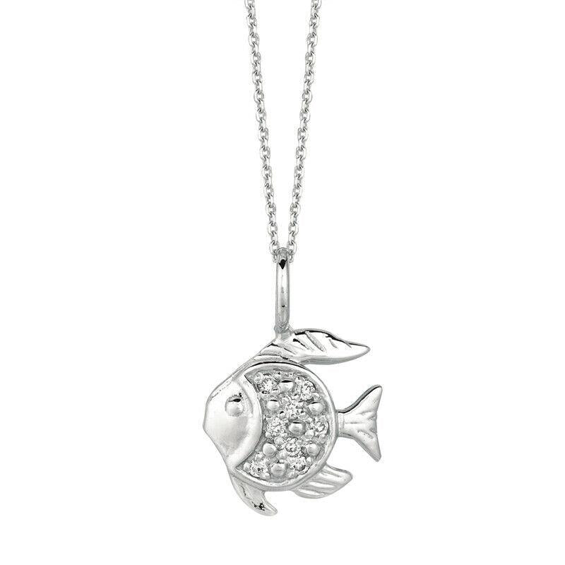 0.06 Carat Natural Diamond Fish Pendant Necklace 14K White Gold 18'' chain
