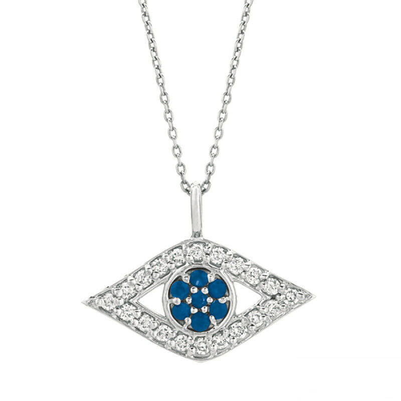 0.52 Carat Natural Diamond & Sapphire Evil Eye Pendant Necklace 14K White Gold