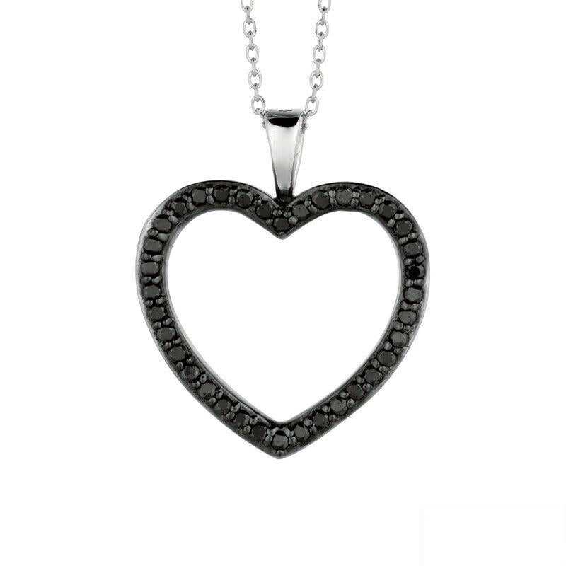0.33 Carat Black and White Diamond Heart Necklace 14K White Gold