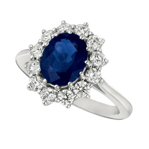 Princess Diana Inspired 3.55 Carat Natural Diamond and Sapphire Oval Ring G SI 14K White Gold